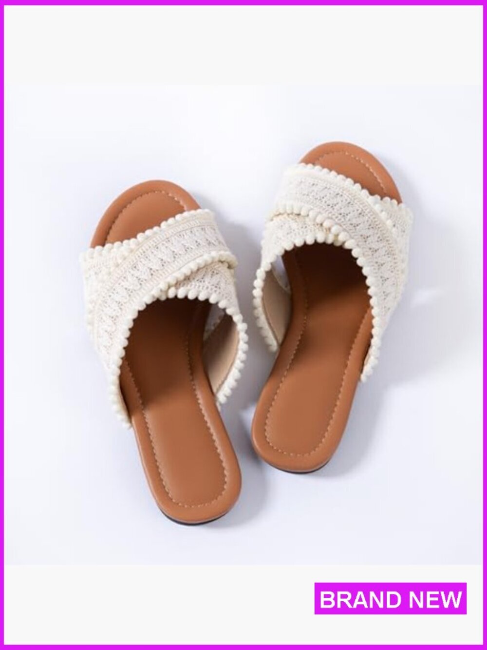 Women Crisscross Flat Sandals Woven Macrame Pom Pom Trim Slide Sandals - Picture 5 of 7